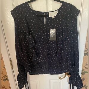 J.O.A. Navy Blouse with Pink Floral Ruffle Details